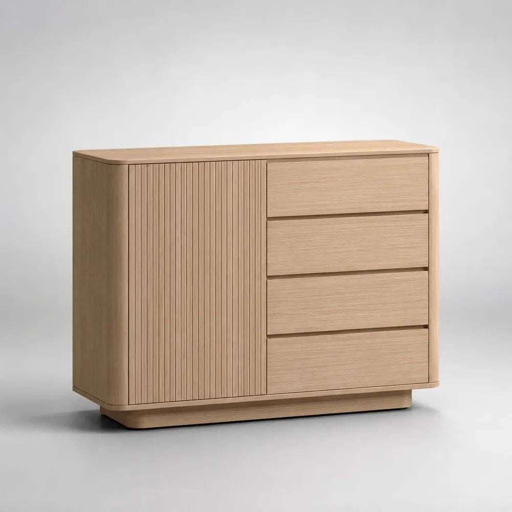 Credenza rettangolare in MDF impiallacciato rovere naturale con 2 ante e 4 cassetti, 120 × 42 × 93 cm