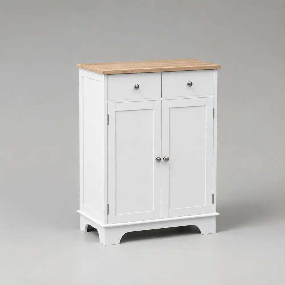 Credenza alta rettangolare in legno bianca e naturale con 2 ante e 2 cassetti, 80 x 40 x 100 cm