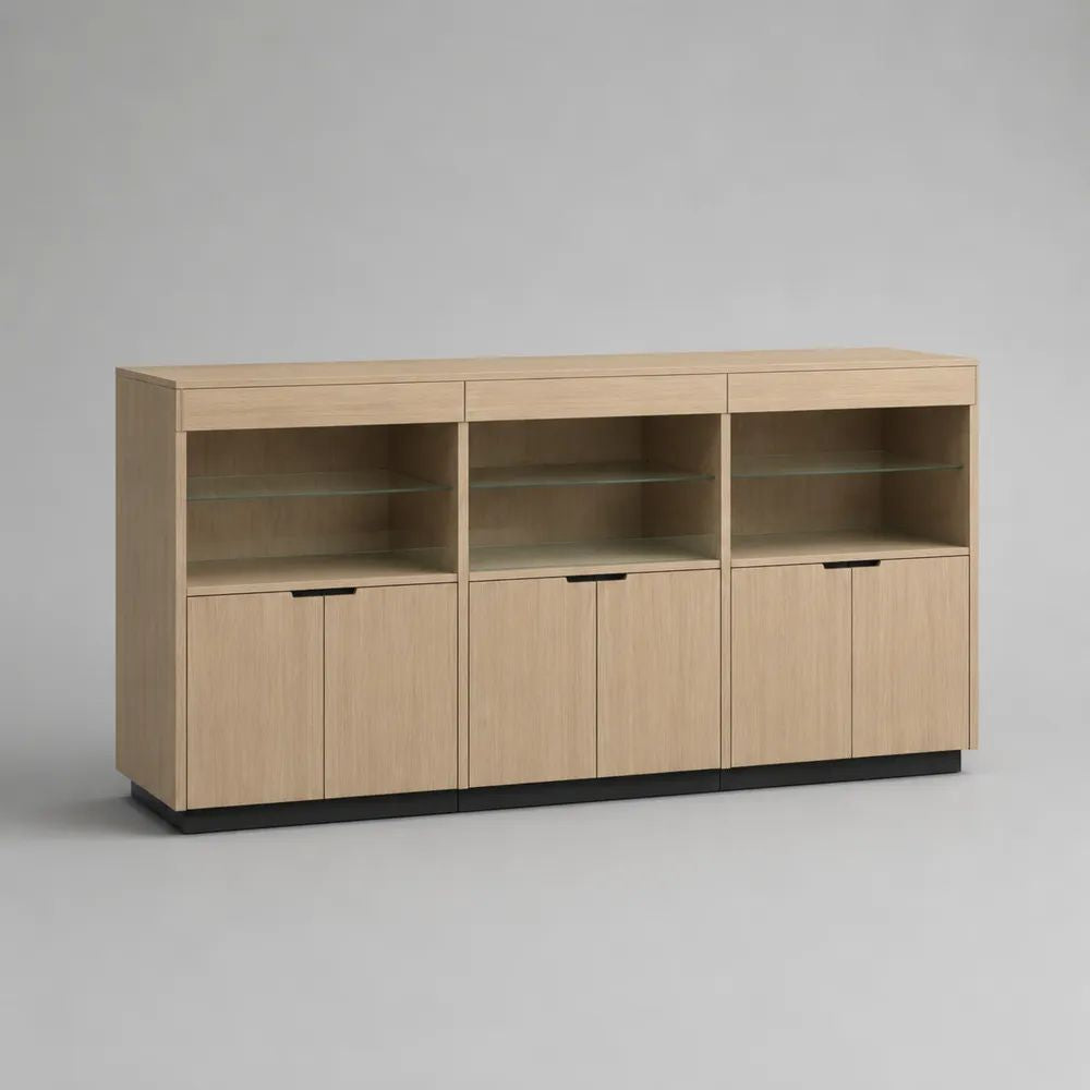 Credenza rettangolare in MDF impiallacciato rovere con 3 cassetti, 6 ante e 3 ripiani in vetro, 180 x 42 x 100 cm, rovere chiaro, nero e trasparente