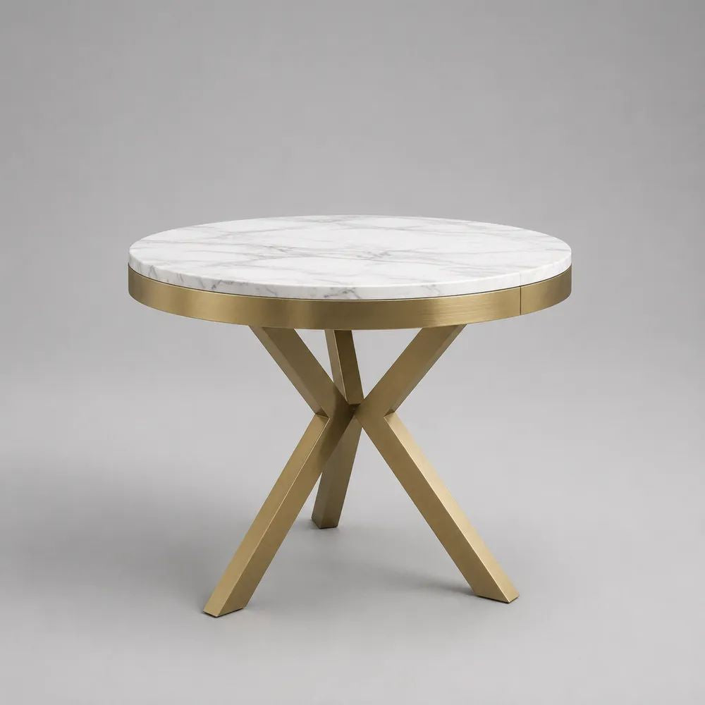 Tavolo da pranzo rotondo in pietra sinterizzata bianca effetto marmo con base in acciaio dorato, Ø 100 × 75 cm