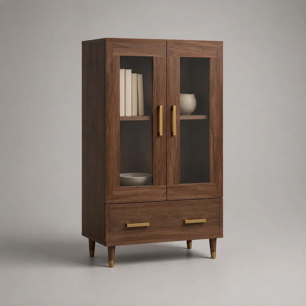Credenza vetrina rettangolare in MDF impiallacciato noce con 2 ante in vetro e cassetto, marrone noce, 90 × 40 × 150 cm