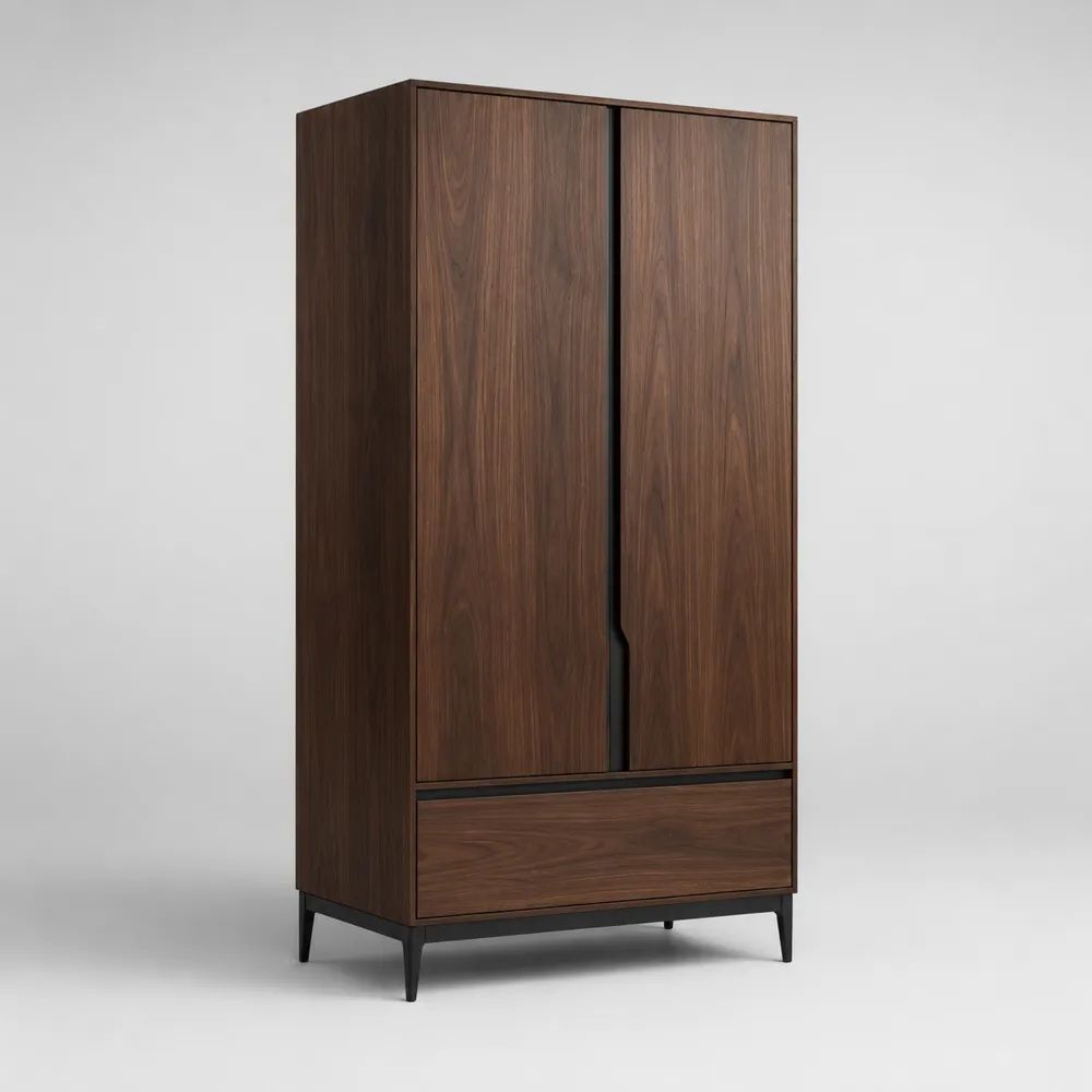 Credenza alta rettangolare in legno e acciaio con 2 ante e 1 cassetto, noce scuro e nero, 90 × 45 × 180 cm