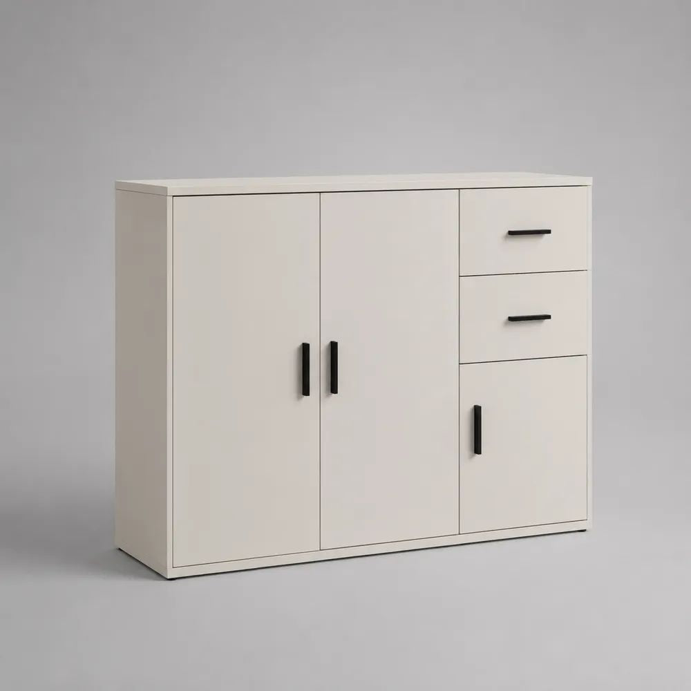 Credenza contenitore rettangolare in truciolare melaminico bianca e nera con 3 ante e 2 cassetti, 120 x 40 x 90 cm