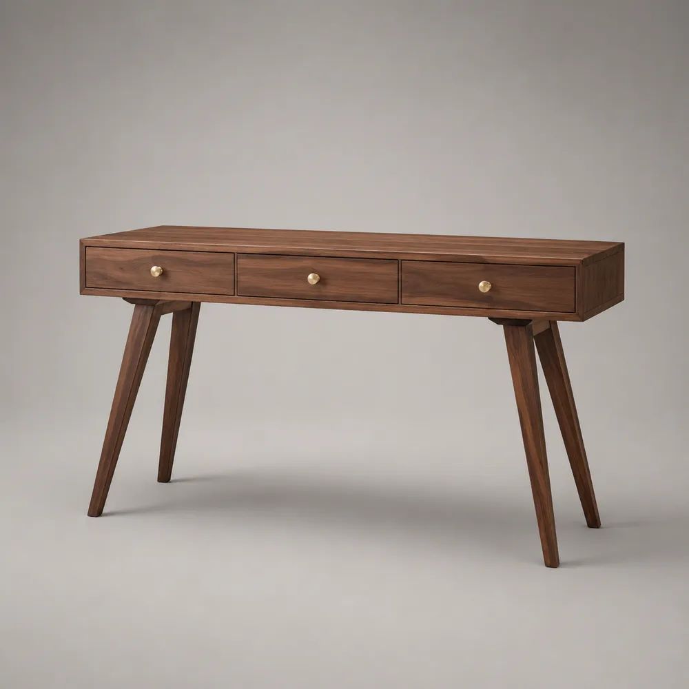 Consolle rettangolare in legno massello con 3 cassetti, marrone noce e ottone, 120 × 35 × 78 cm