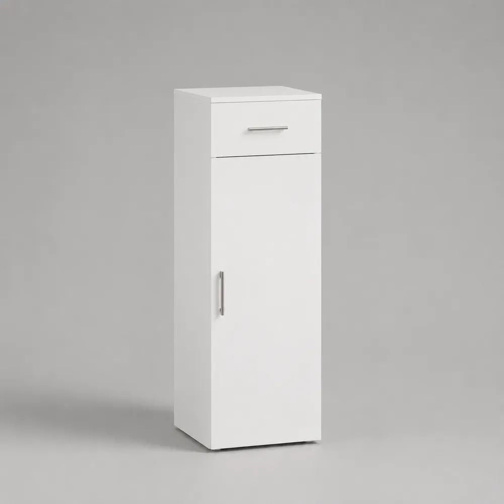 Credenza stretta rettangolare in MDF laminato bianco con cassetto e anta, 40 × 35 × 110 cm