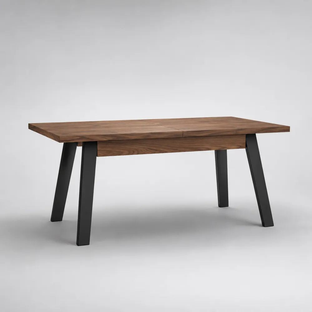 Tavolo da pranzo rettangolare allungabile in legno e acciaio, Noce/Nero, 120-160 × 80 × 75 cm, 4-6 posti