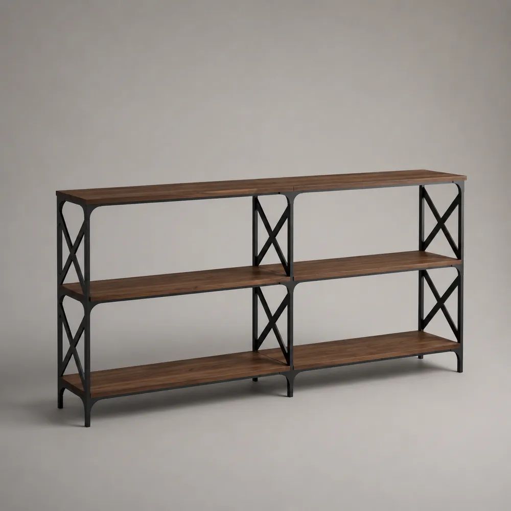 Scaffale consolle a 3 livelli in legno e acciaio, marrone noce e nero, 160 x 30 x 80 cm