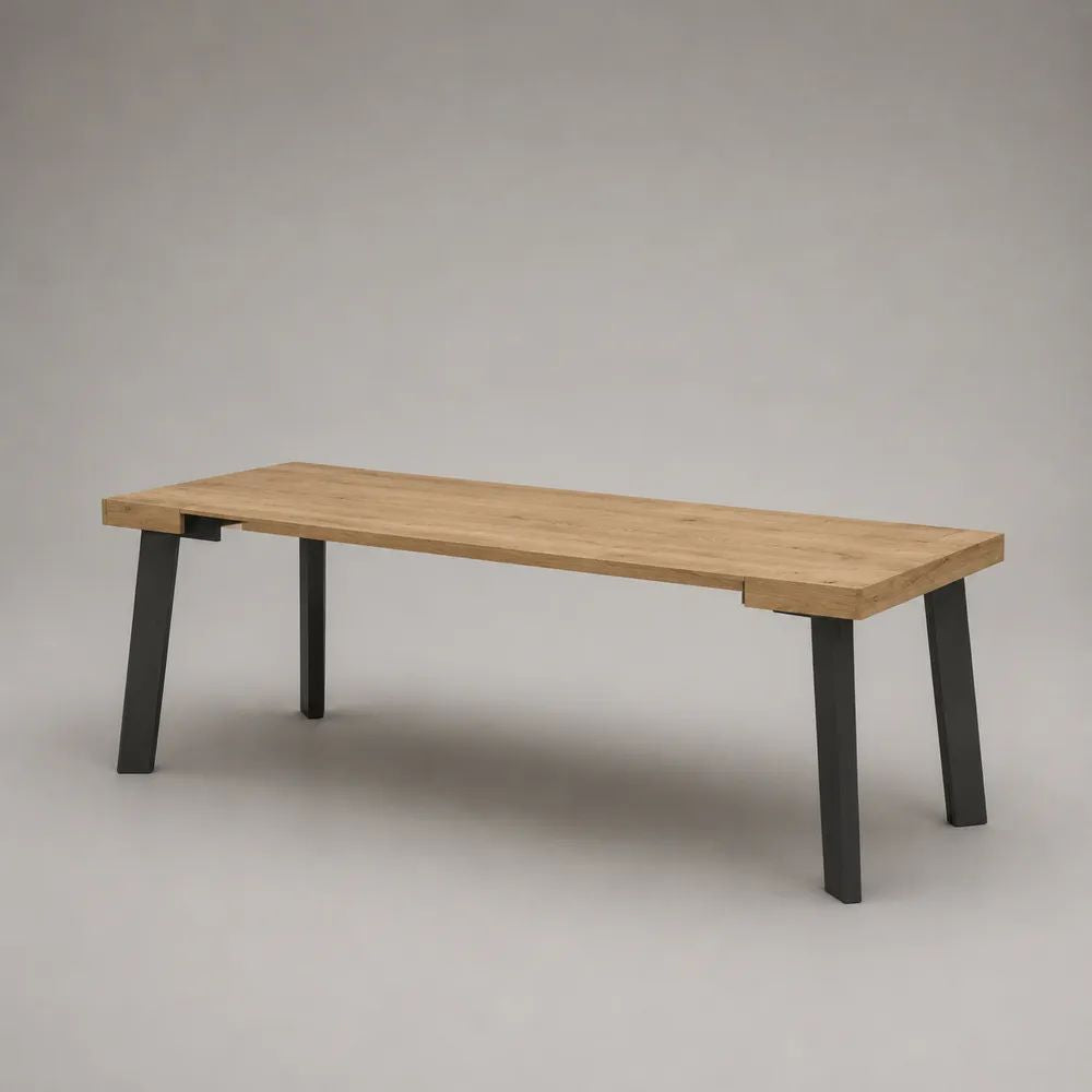 Consolle rettangolare in legno massello di acacia e acciaio, naturale e nera, 160 x 40 x 75 cm