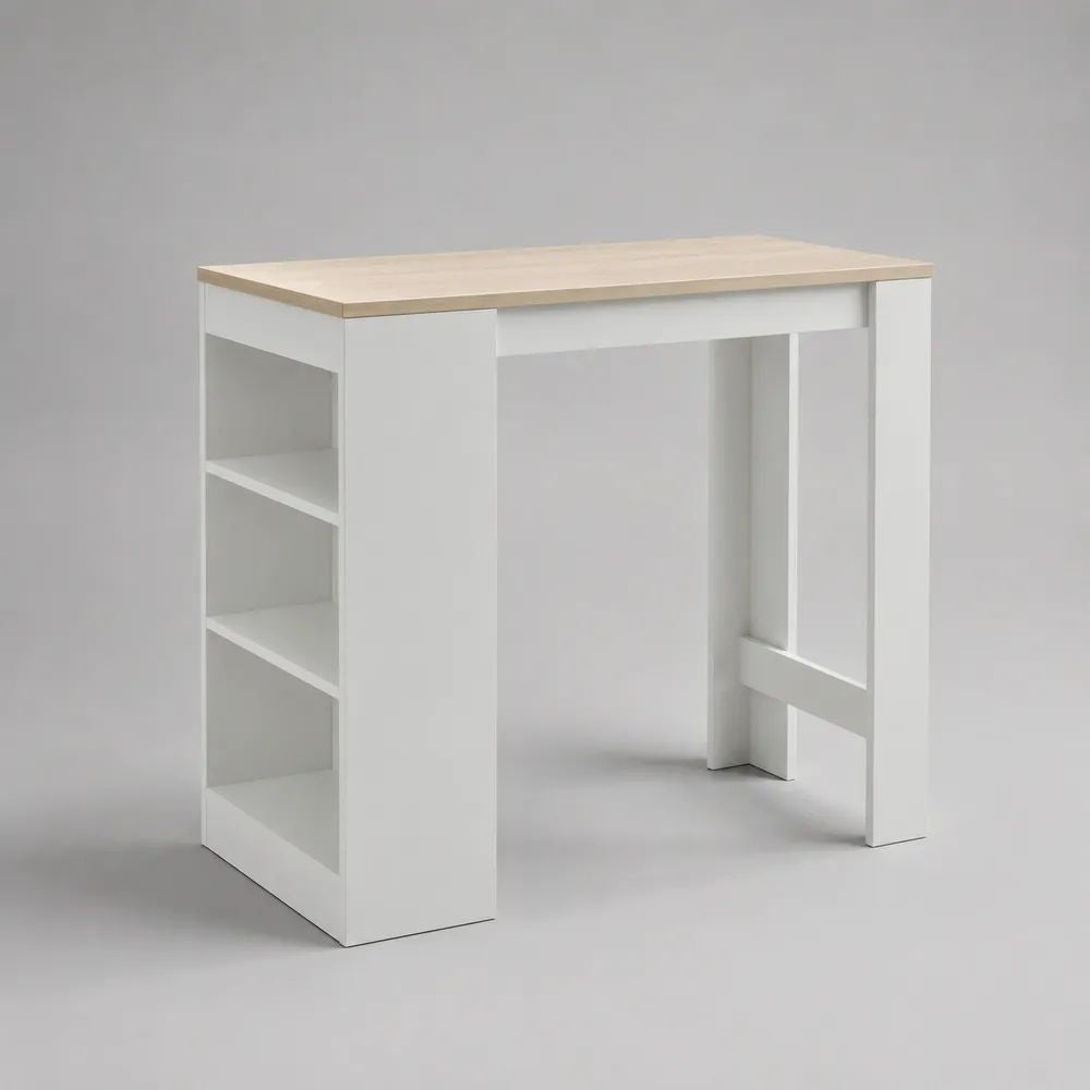 Tavolo alto rettangolare in legno bianco e rovere chiaro 120 x 50 x 100 cm con 2 ripiani laterali