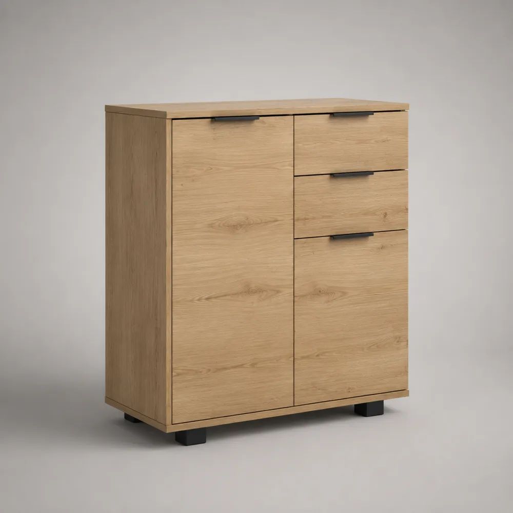 Credenza alta rettangolare in legno con 1 anta e 3 cassetti, rovere naturale e nero, 80 x 40 x 100 cm