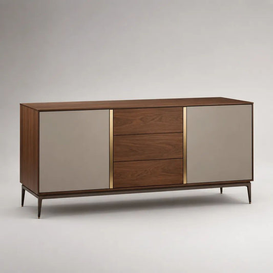 Madia credenza rettangolare in MDF impiallacciato noce, 2 ante e 3 cassetti, noce scuro/tortora/bronzo, 160 x 40 x 80 cm