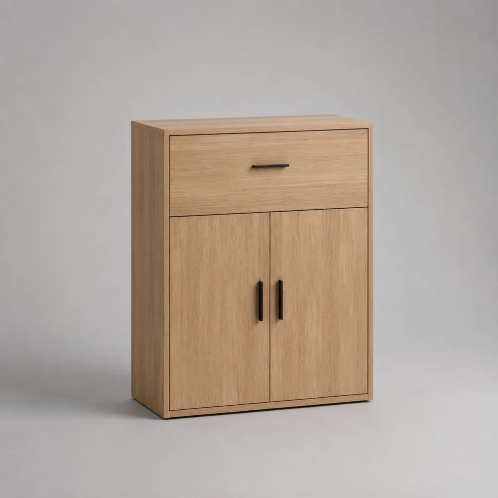 Credenza rettangolare in legno con 2 ante e 1 cassetto, effetto rovere naturale e maniglie nere, 80 x 40 x 110 cm