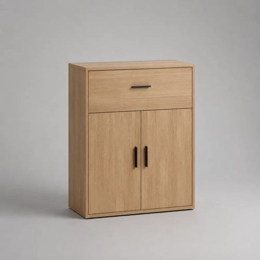 Credenza rettangolare in legno con 2 ante e 1 cassetto, effetto rovere naturale e maniglie nere, 80 x 40 x 110 cm
