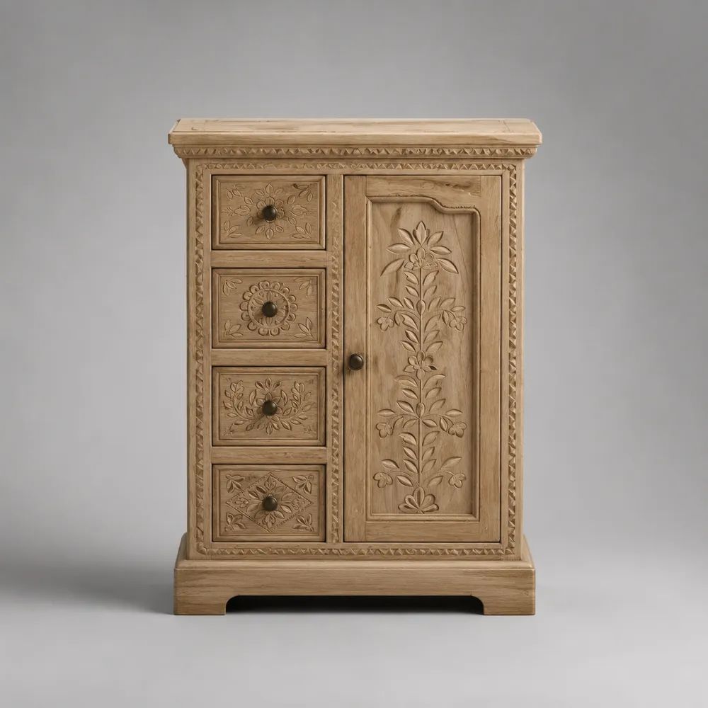Credenza alta rettangolare in legno massello di mango marrone naturale chiaro, intagliata, con 4 cassetti e 1 anta, 75 x 35 x 95 cm