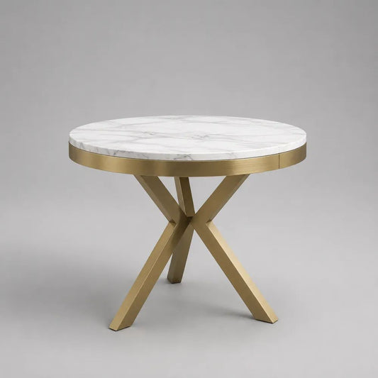 Tavolo da pranzo rotondo in pietra sinterizzata bianca effetto marmo con base in acciaio dorato, Ø 100 × 75 cm