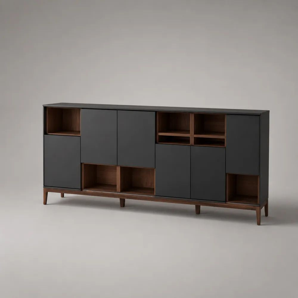 Credenza rettangolare in MDF e legno, nero opaco e marrone noce, 180 × 40 × 100 cm