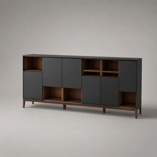 Credenza rettangolare in MDF e legno, nero opaco e marrone noce, 180 × 40 × 100 cm