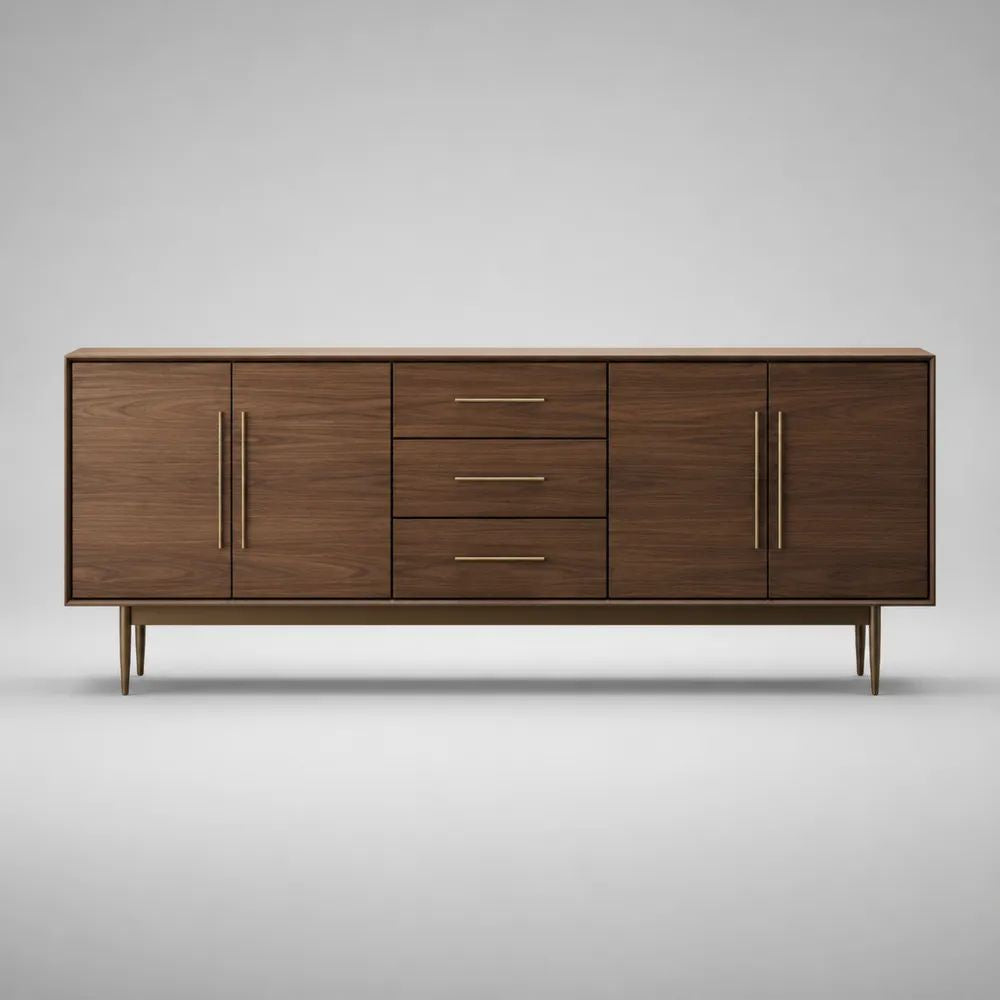 Credenza in legno impiallacciato noce con 4 ante e 3 cassetti, marrone noce e oro opaco, 200 x 42 x 80 cm