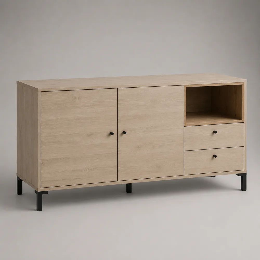 Credenza madia rettangolare in MDF effetto rovere naturale con 2 ante, 2 cassetti, vano aperto e gambe in acciaio nero, 140 x 40 x 80 cm