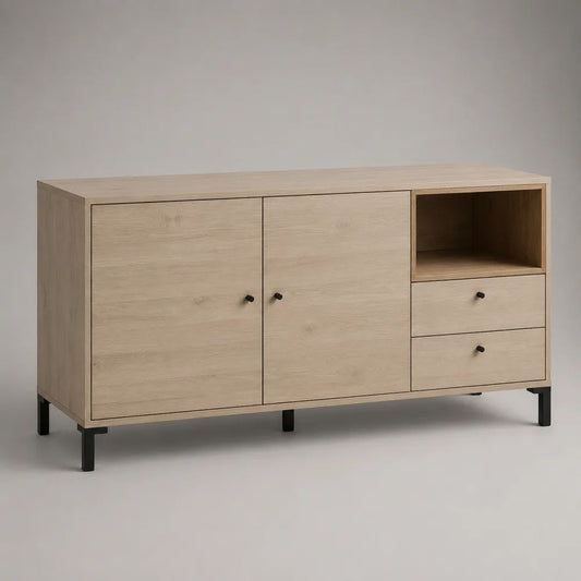 Credenza madia rettangolare in MDF effetto rovere naturale con 2 ante, 2 cassetti, vano aperto e gambe in acciaio nero, 140 x 40 x 80 cm