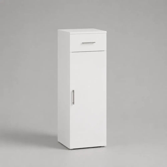 Credenza stretta rettangolare in MDF laminato bianco con cassetto e anta, 40 × 35 × 110 cm