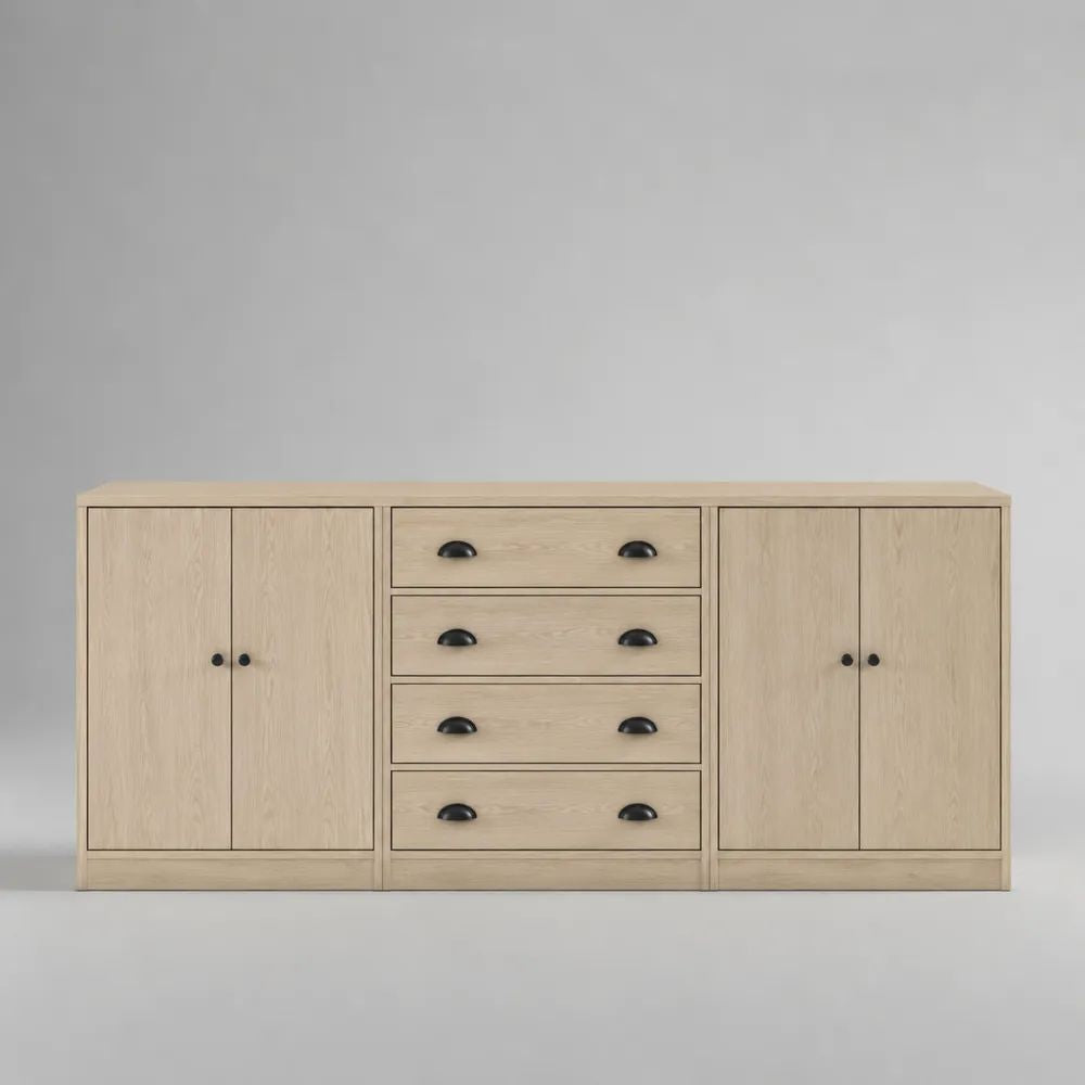 Credenza rettangolare in MDF effetto rovere naturale e metallo nero, 4 ante e 4 cassetti, 180 x 40 x 80 cm