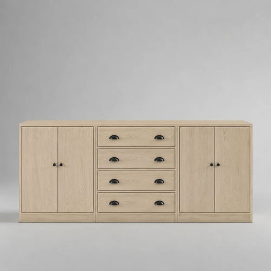 Credenza rettangolare in MDF effetto rovere naturale e metallo nero, 4 ante e 4 cassetti, 180 x 40 x 80 cm