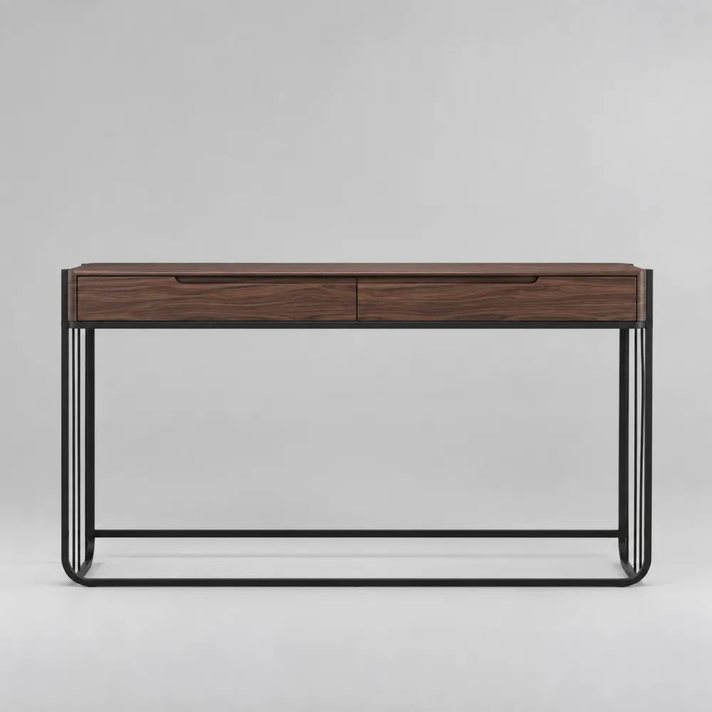 Consolle rettangolare con 2 cassetti in MDF impiallacciato noce e acciaio nero, 120 x 35 x 80 cm