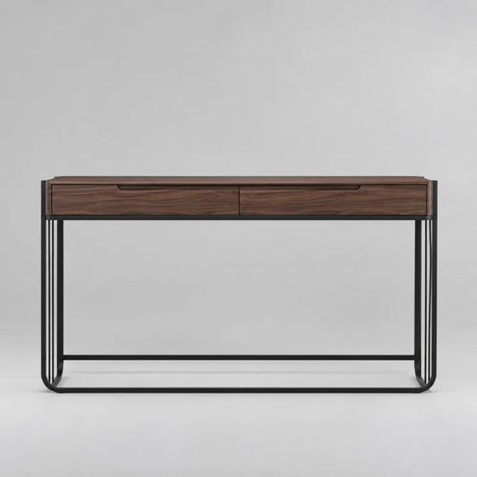Consolle rettangolare con 2 cassetti in MDF impiallacciato noce e acciaio nero, 120 x 35 x 80 cm
