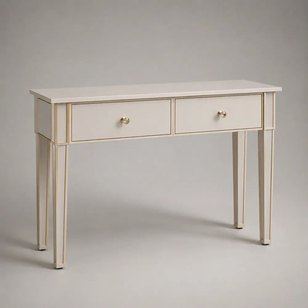 Consolle rettangolare in MDF e acciaio con 2 cassetti, bianco e oro, 100 x 35 x 80 cm