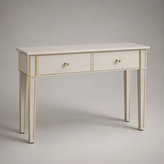 Consolle rettangolare in MDF e acciaio con 2 cassetti, bianco e oro, 100 x 35 x 80 cm