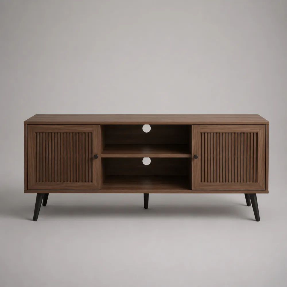 Mobile porta TV rettangolare in MDF impiallacciato noce con 2 ante, 2 vani aperti e passacavi, marrone noce e nero, 140 × 40 × 60 cm