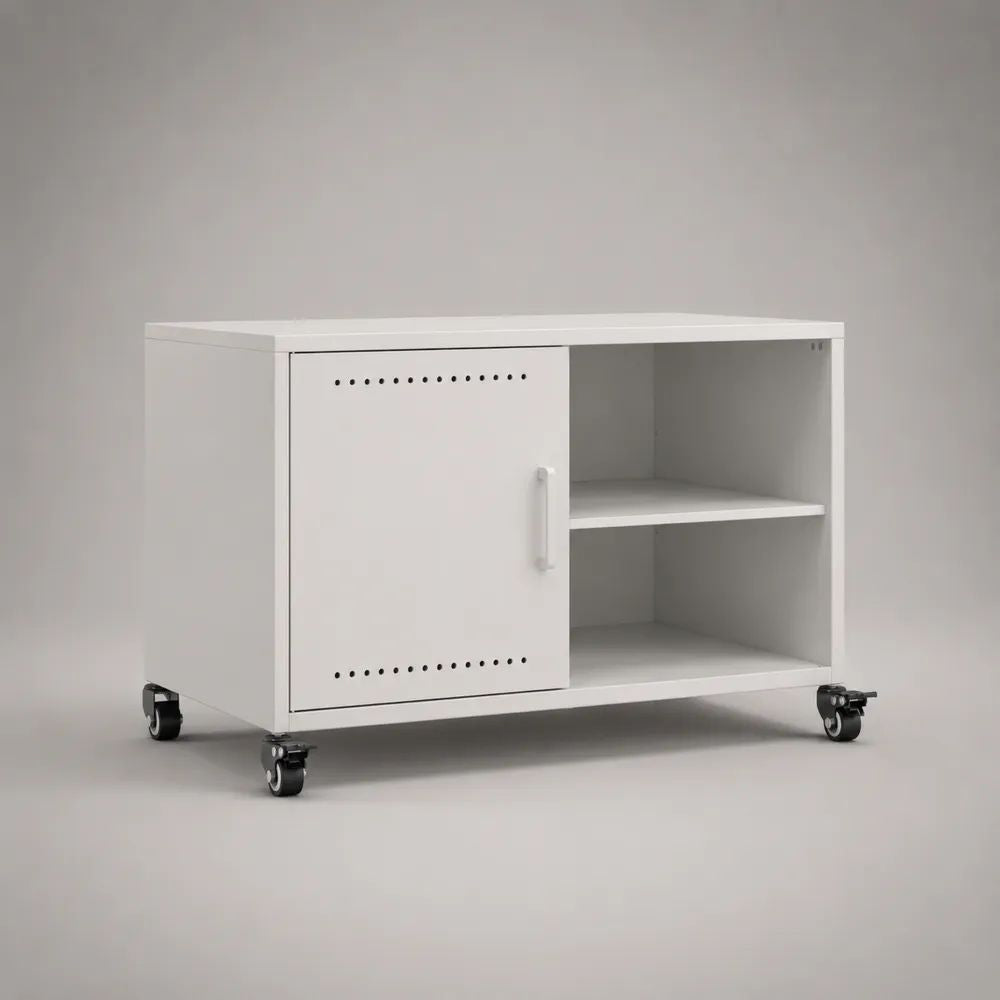 Mobile porta TV in acciaio bianco con anta ventilata, 2 vani aperti e 4 ruote, 80 x 40 x 60 cm