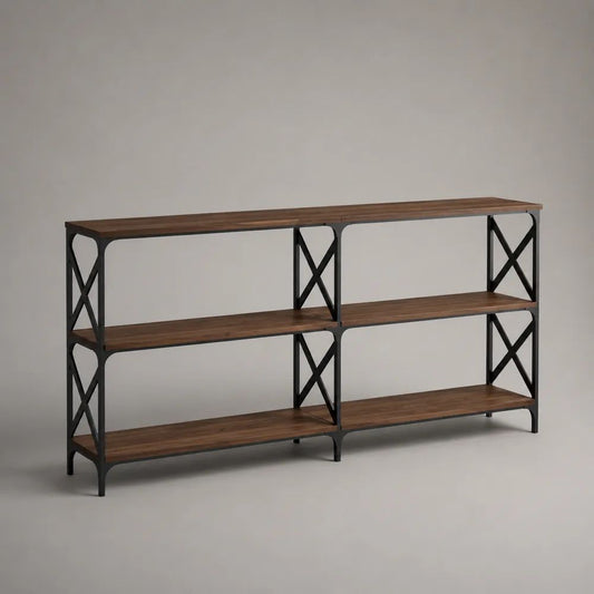 Scaffale consolle a 3 livelli in legno e acciaio, marrone noce e nero, 160 x 30 x 80 cm