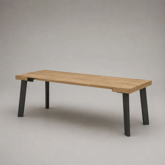 Consolle rettangolare in legno massello di acacia e acciaio, naturale e nera, 160 x 40 x 75 cm