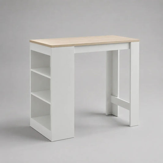 Tavolo alto rettangolare in legno bianco e rovere chiaro 120 x 50 x 100 cm con 2 ripiani laterali