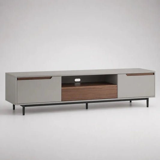 Mobile porta TV rettangolare in pannelli MDF e acciaio con 2 ante, cassetto e vano aperto, grigio/noce/nero, 180 x 40 x 55 cm