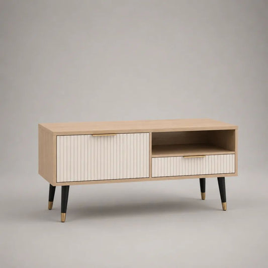 Mobile TV basso in MDF impiallacciato rovere con anta, cassetto e vano aperto, Rovere naturale/Bianco/Nero/Ottone, 120 x 40 x 60 cm