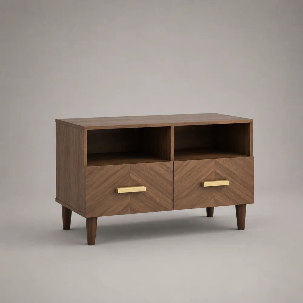 Mobile TV in legno con 2 cassetti e 2 vani aperti, marrone noce e oro, 100 x 40 x 75 cm