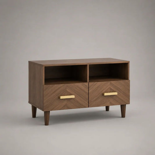 Mobile TV in legno con 2 cassetti e 2 vani aperti, marrone noce e oro, 100 x 40 x 75 cm